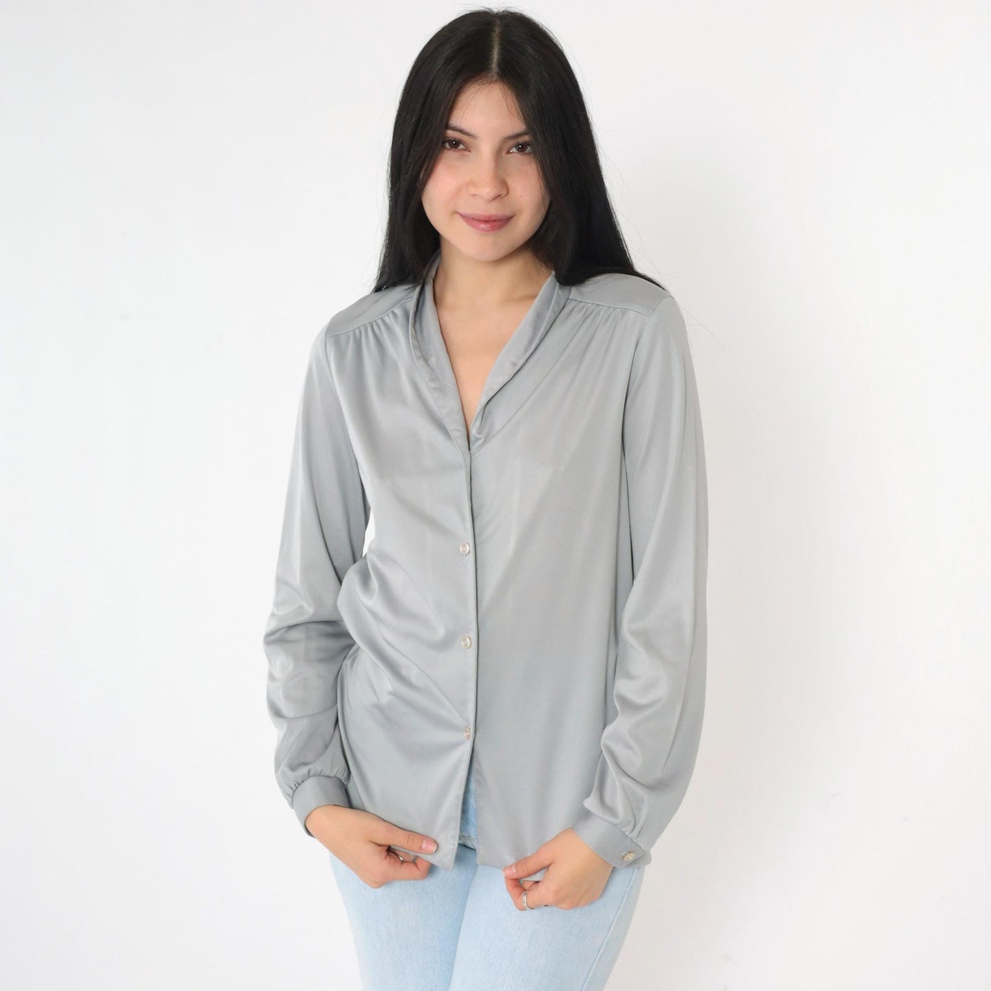 80s Grey Button-Up Blouse Long Sleeve Collared Shirt Medium M