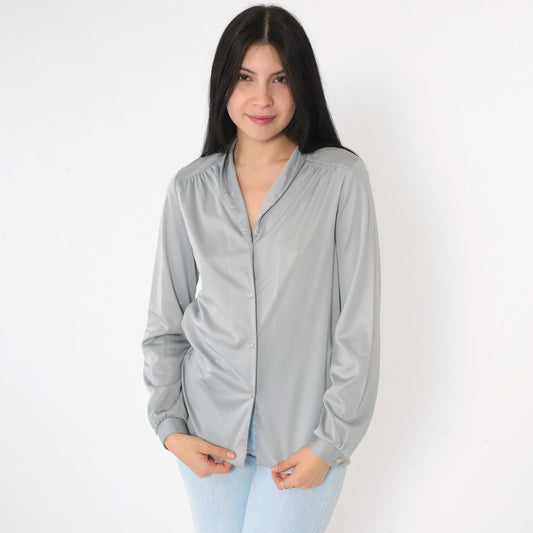 80s Grey Button-Up Blouse Long Sleeve Collared Shirt Medium M