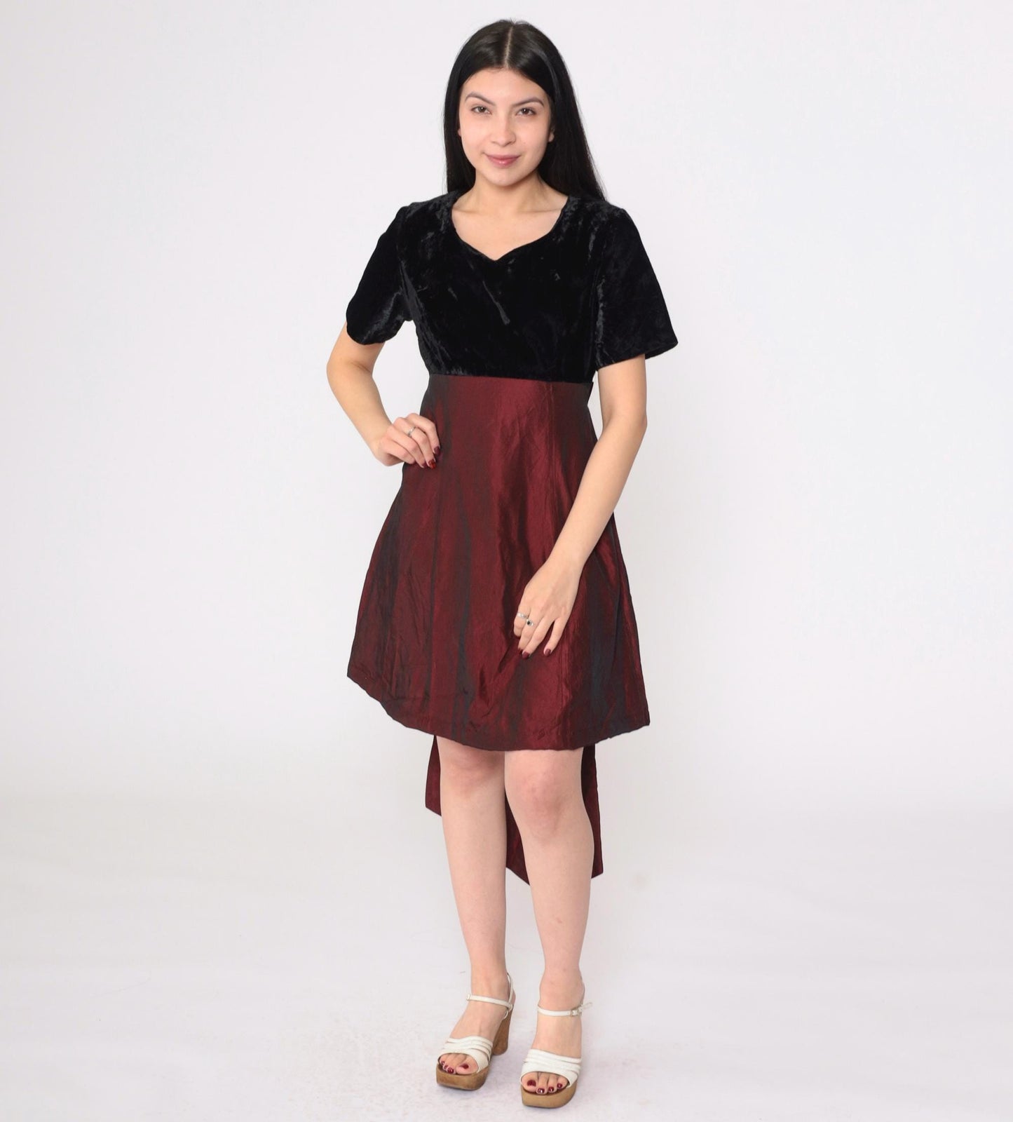 90s Black Velvet Burgundy Taffeta Mini Dress High Waist Bow Back Small S