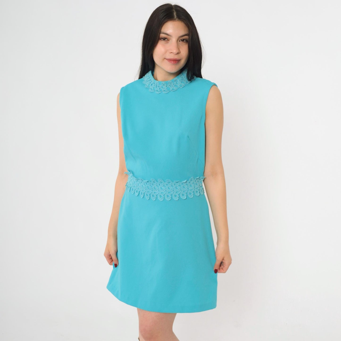 1960s Blue Lace Trim Mock Neck Shift Minidress Small S