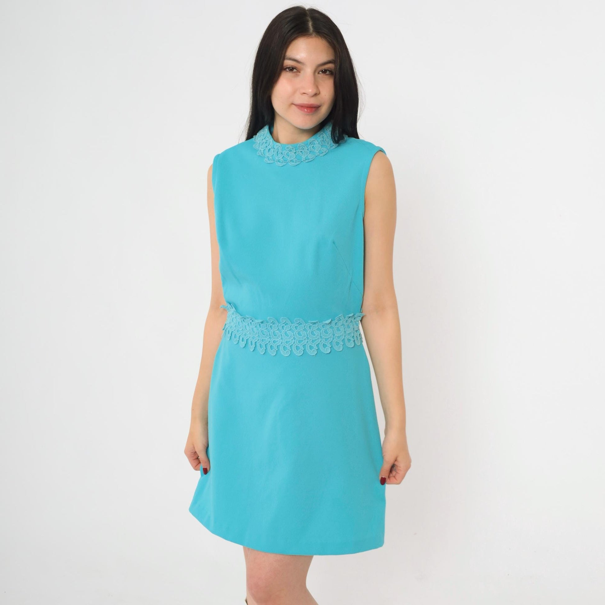 1960s Blue Lace Trim Mock Neck Shift Minidress Small S