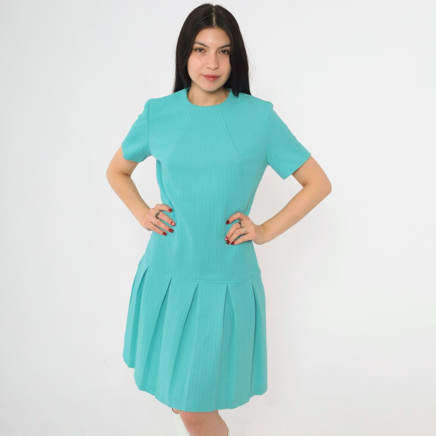 60s Mod Mini Dress Drop Waist Pleated Skirt Turquoise Polyester Small