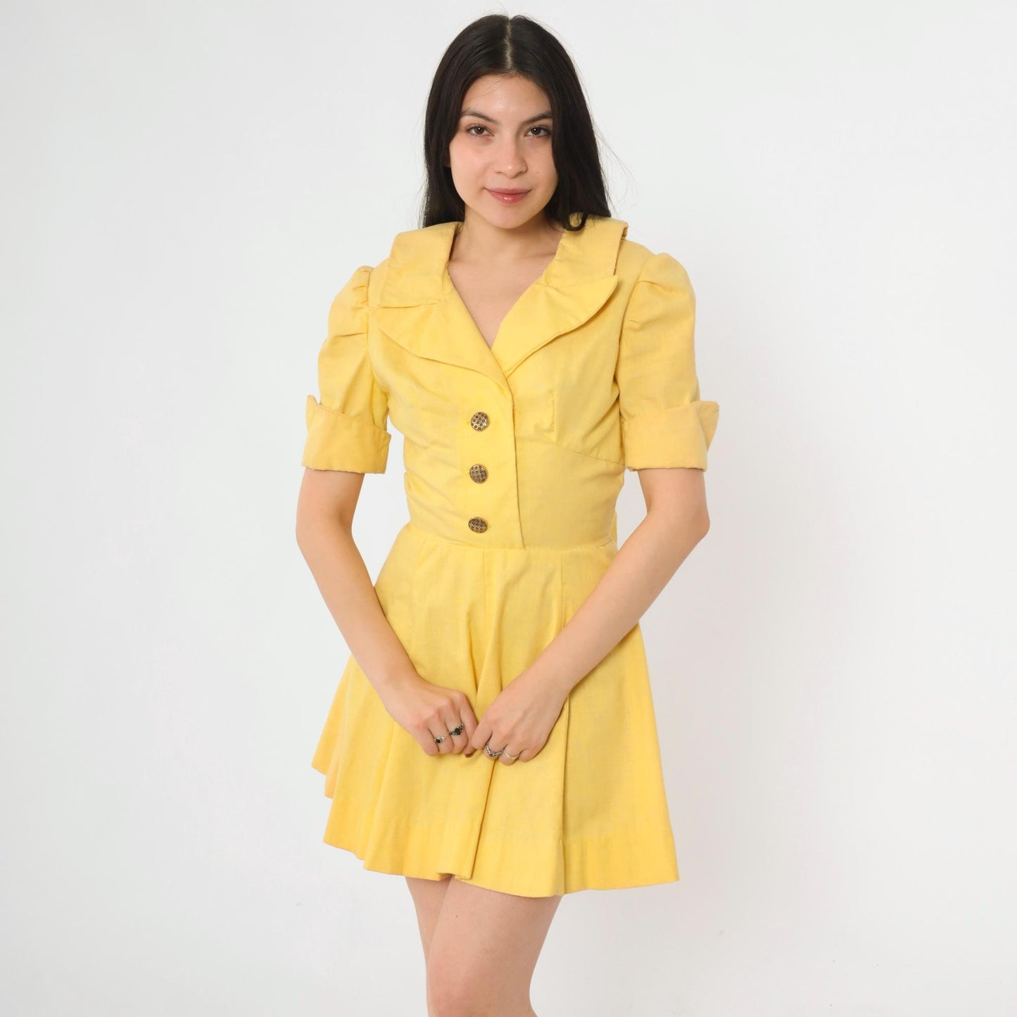 60s Yellow Mod Mini Dress Puff Sleeve Button-Up Collared A-Line Small