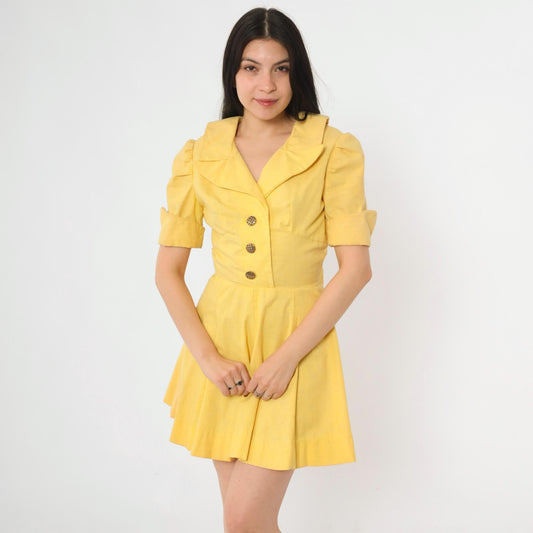 60s Yellow Mod Mini Dress Puff Sleeve Button-Up Collared A-Line Small