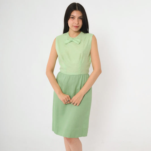 60s Two-Tone Green Bow Neckline Sleeveless Dress Knee Length Small