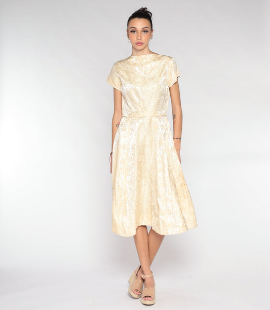 1960s Cream Brocade Floral Midi Dress Cap Sleeve High Waist Small S