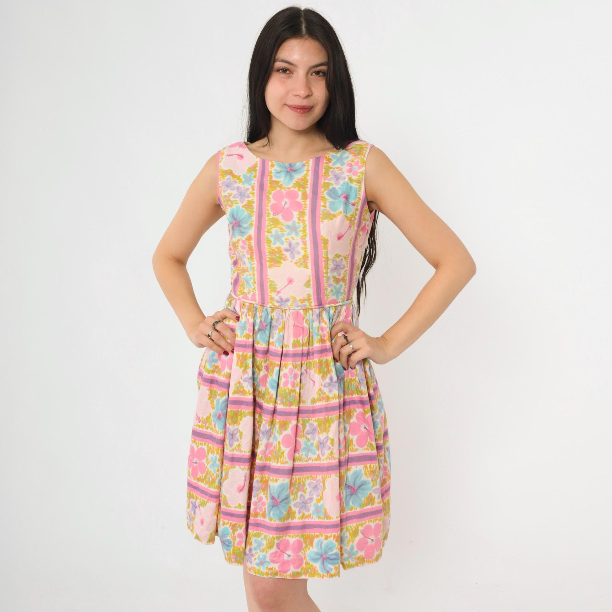 1960s Tropical Floral Mini Dress Pink Blue High Waist Sleeveless Extra Small