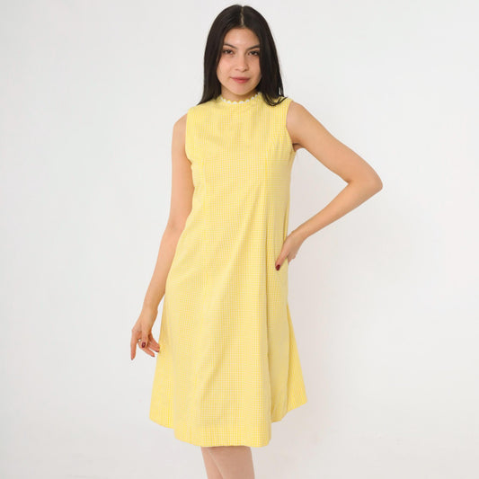 60s Yellow Gingham Sleeveless Dress Ric Rac Trim High Neck A-Line Knee Extra Small
