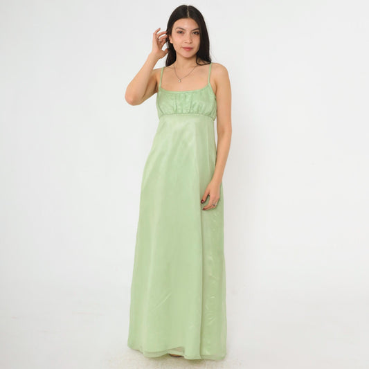 70s Light Green Empire Waist Maxi Dress Organdy Spaghetti Strap Formal Gown XS