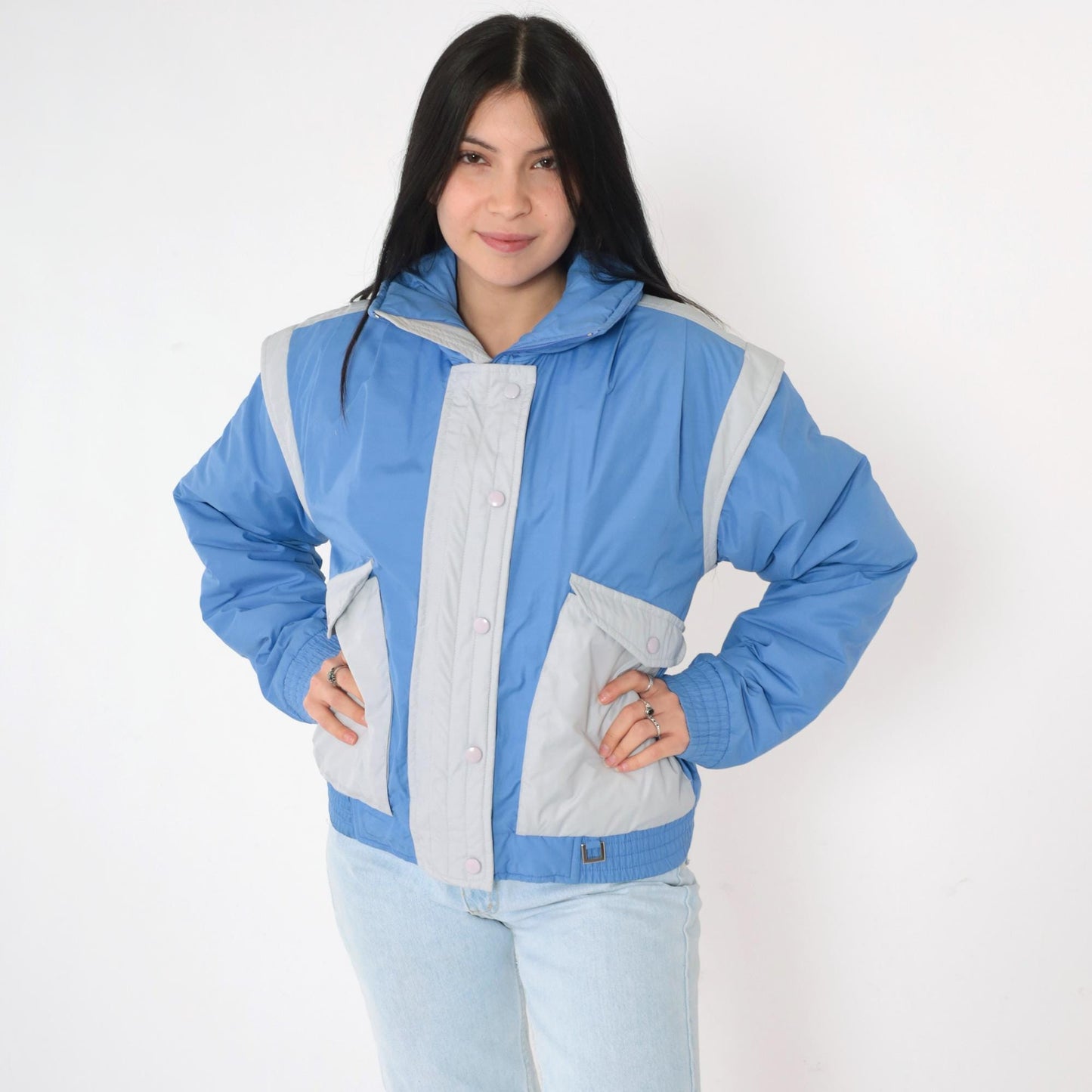 80s Prima Blue Grey Color Block Puffer Ski Jacket Zip Snap Medium M