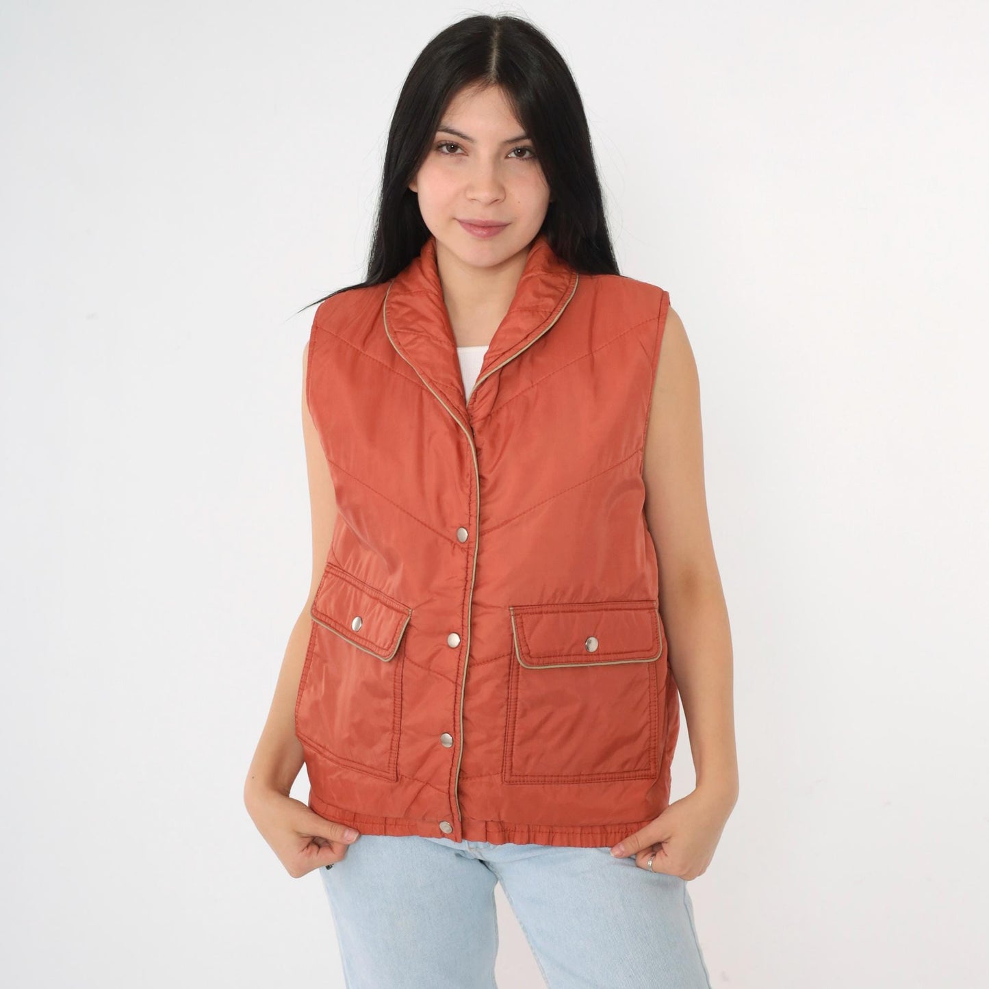 80s Rust Puffer Vest Chevron Stitching Snap Closure Sleeveless Medium M
