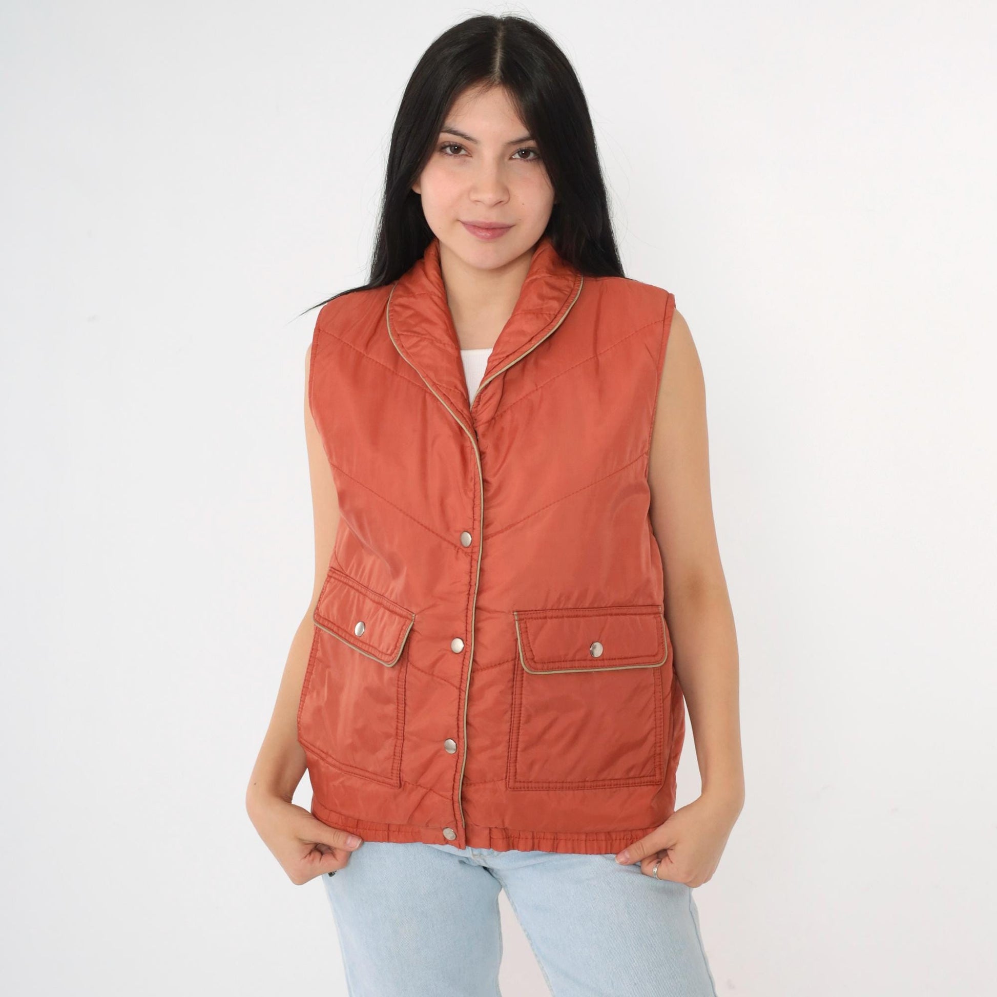 80s Rust Puffer Vest Chevron Stitching Snap Closure Sleeveless Medium M