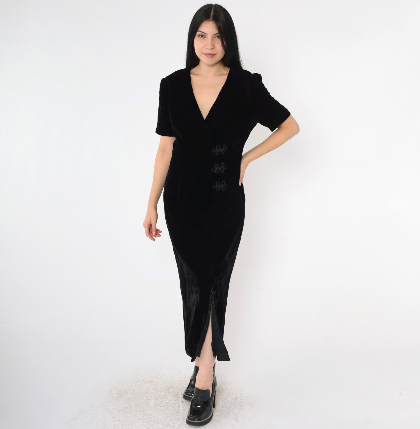 90s Talbots Black Velvet V-Neck Midi Dress Frog Closures Small 6