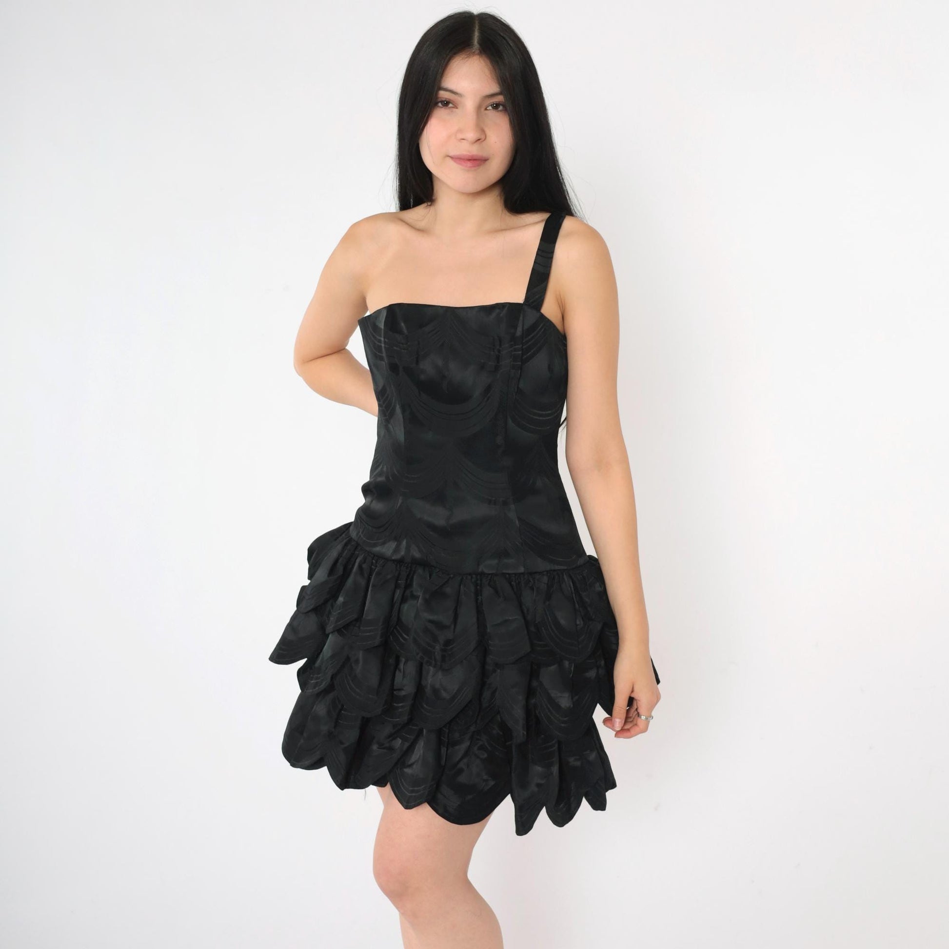 80s Victor Costa Black One Shoulder Mini Dress Size 4 – Shopexile