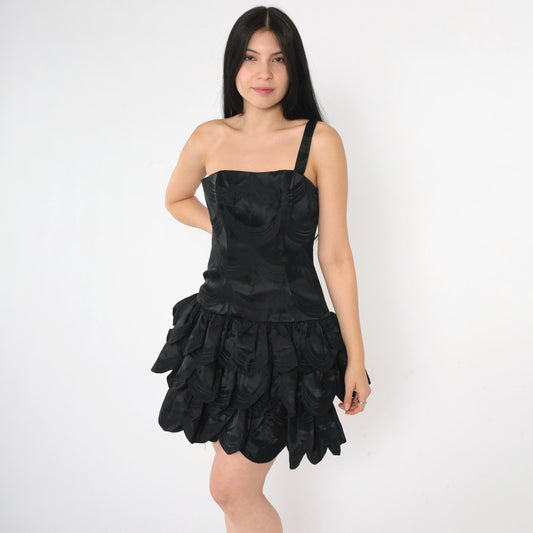 80s Victor Costa Saks Fifth Avenue Black One Shoulder Mini Dress Size 4