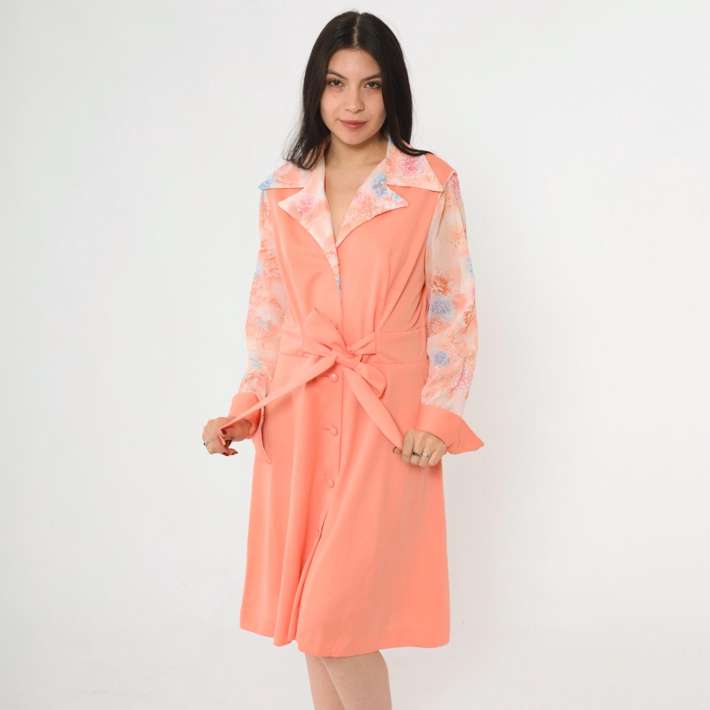 70s Peach Floral Button-Up Midi Dress High Waist Long Sleeve Collared Large L