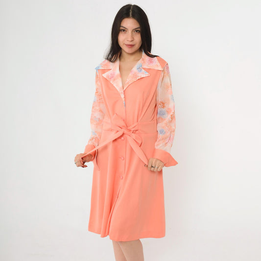 70s Peach Floral Button-Up Midi Dress High Waist Long Sleeve Collared Large L