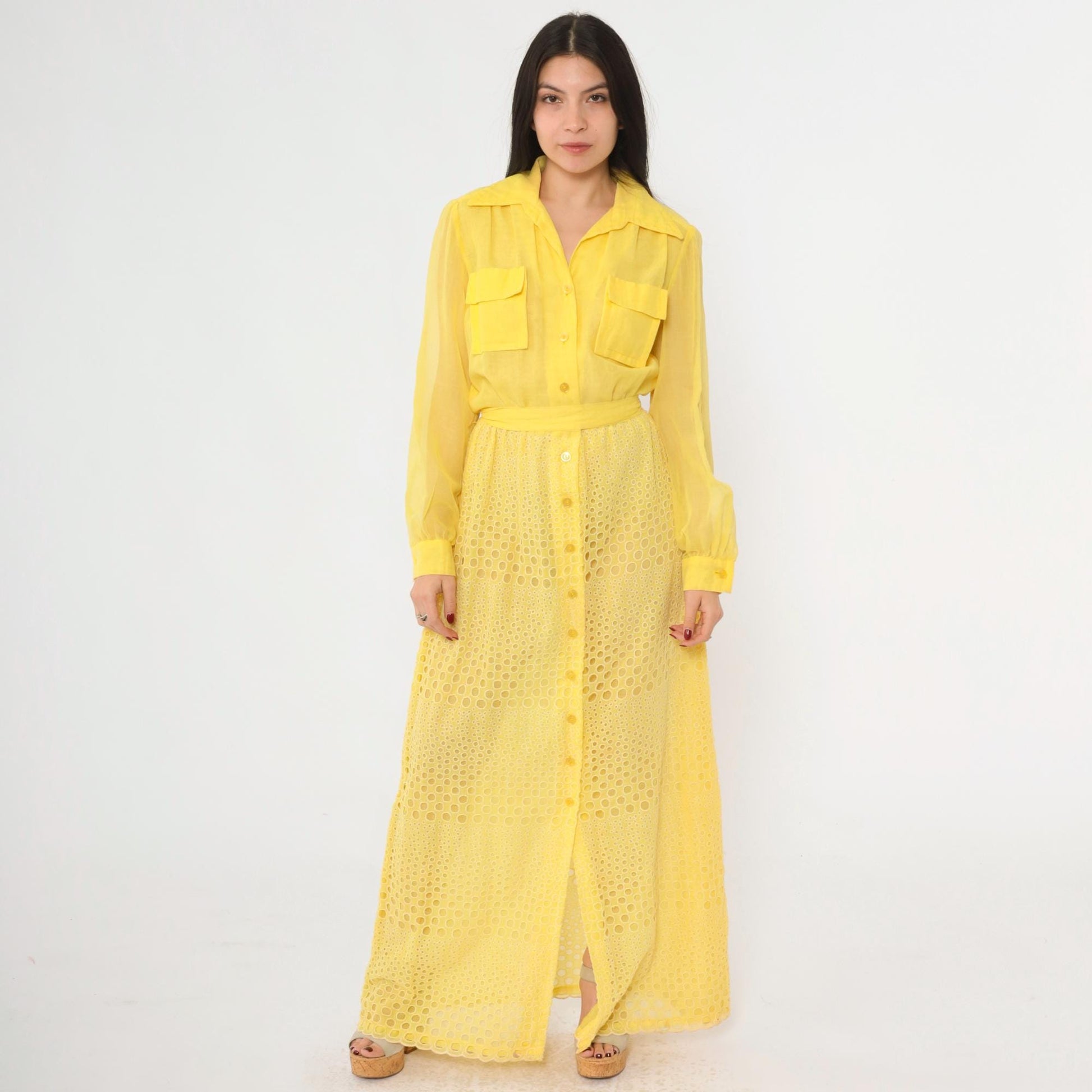 70s Yellow Eyelet Lace Maxi Dress Button-Up High Waist Utility Pockets Small