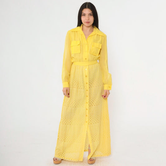 70s Yellow Eyelet Lace Maxi Dress Button-Up High Waist Utility Pockets Small