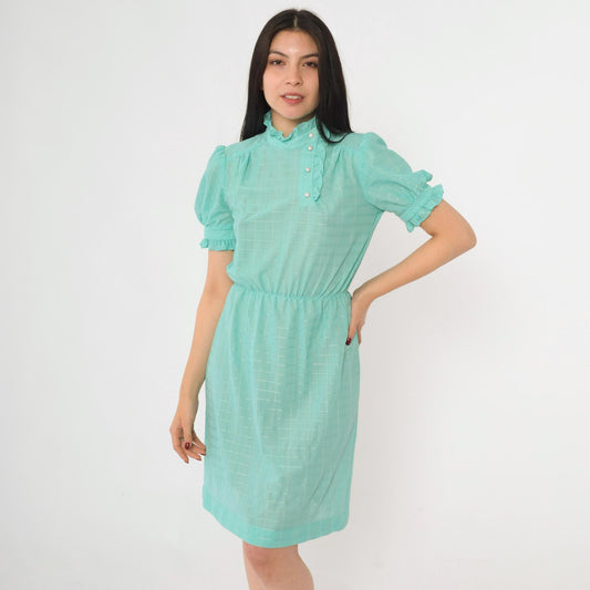 80s Seafoam Checkered Midi Dress Puff Sleeve Button-Up Ruffle Neckline Small