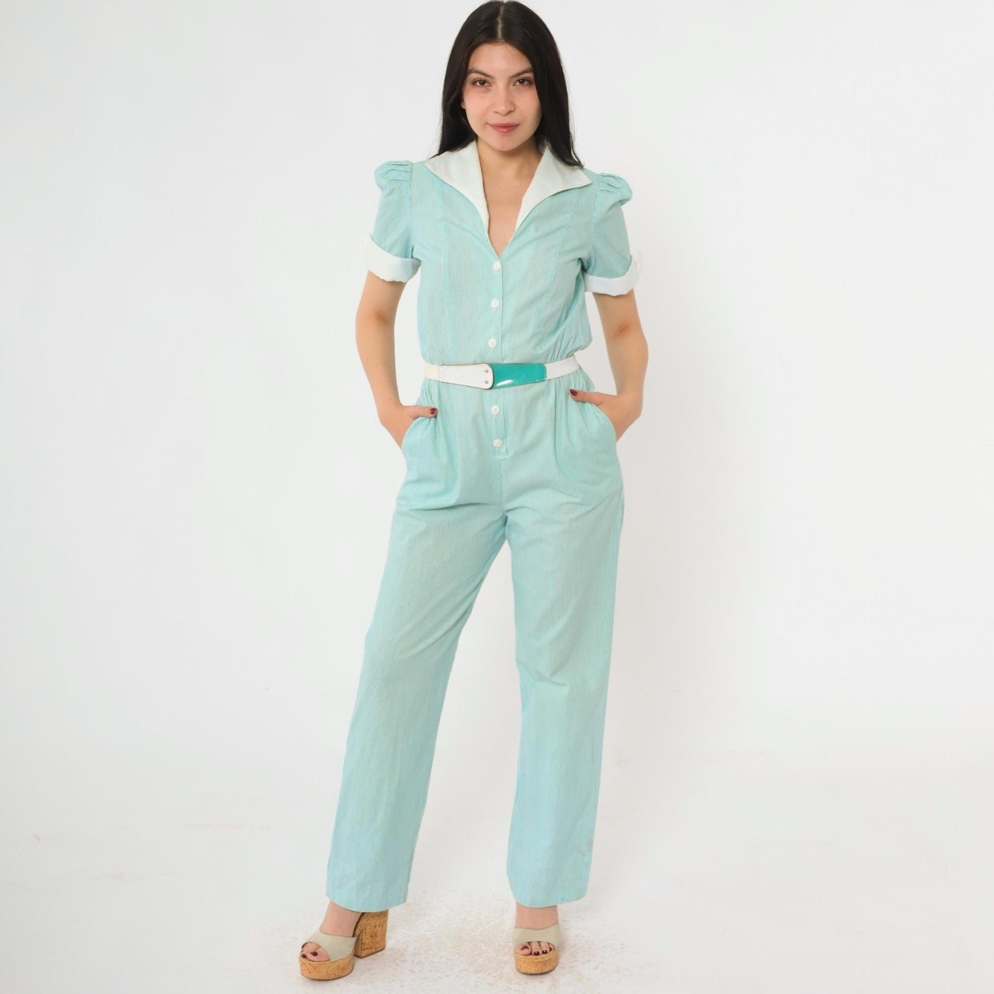 80s Aqua Striped Puff Sleeve Jumpsuit High Waisted Button Up Cotton Extra Small
