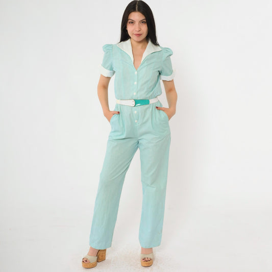 80s Aqua Striped Puff Sleeve Jumpsuit High Waisted Button Up Cotton Extra Small