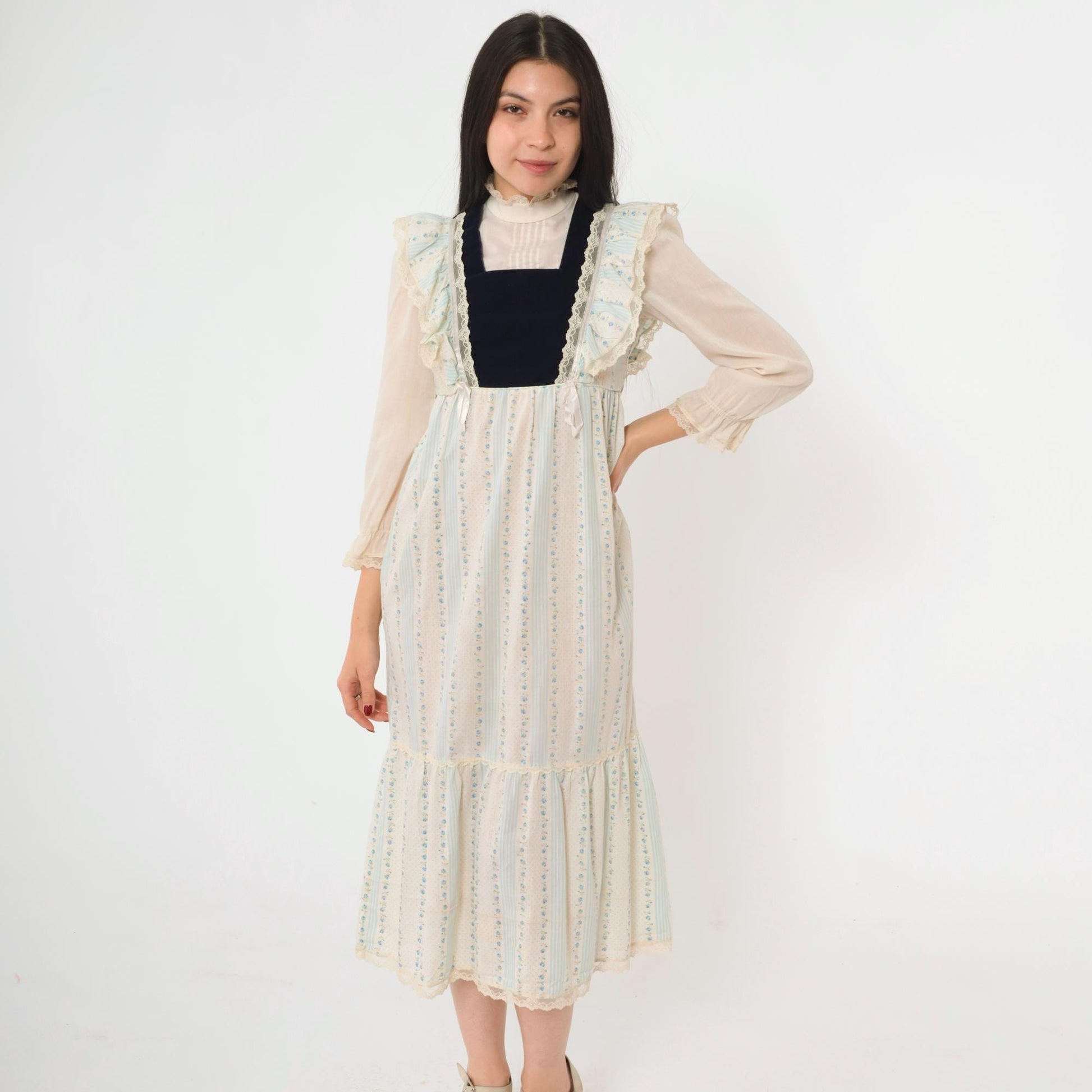 70s Prairie Midi Dress Blue Floral Velvet Bib Lace Ruffle High Neck XXS