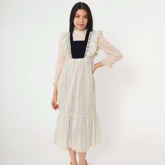 70s Prairie Midi Dress Blue Floral Velvet Bib Lace Ruffle High Neck XXS