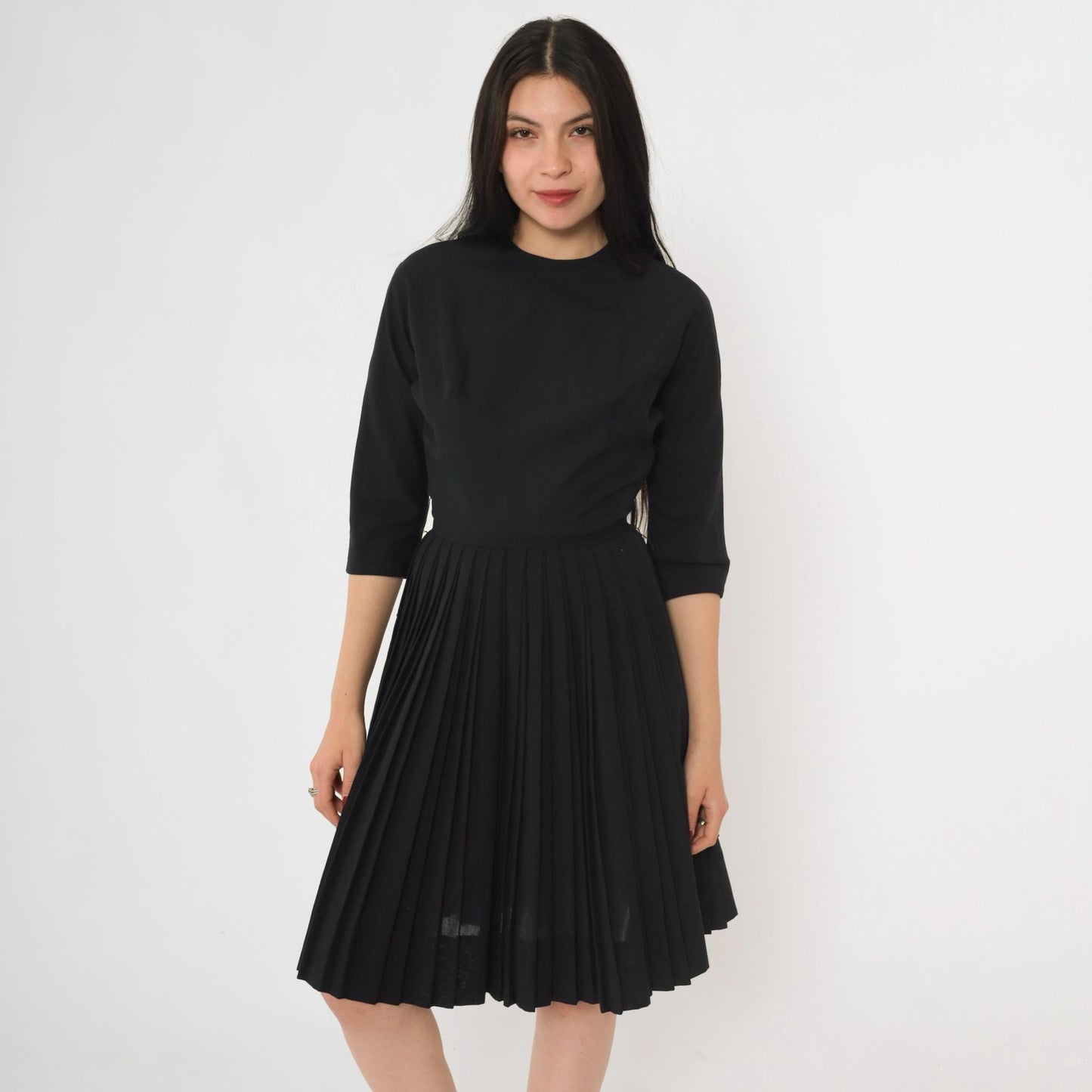60s Howard Wolf Black Pleated Cocktail Dress 3/4 Sleeve Tailored Extra Small XS