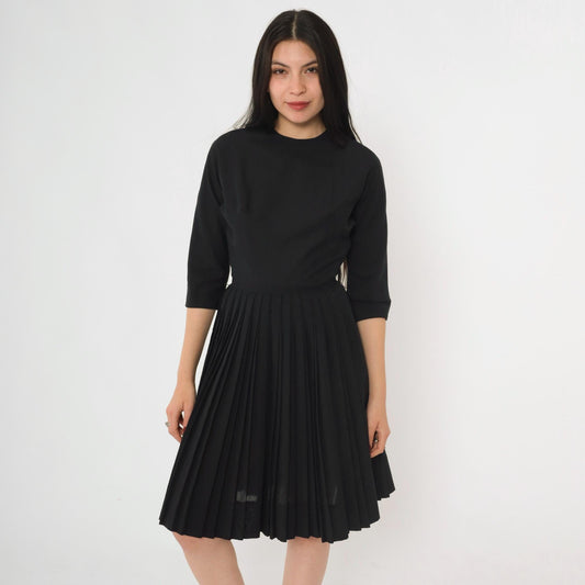 60s Howard Wolf Black Pleated Cocktail Dress 3/4 Sleeve Tailored Extra Small XS