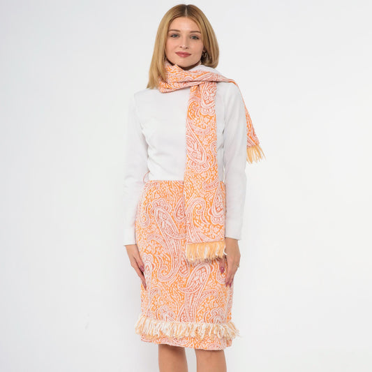 60s Paisley Dress with Matching Fringe Scarf Mock Neck Orange White Extra Small