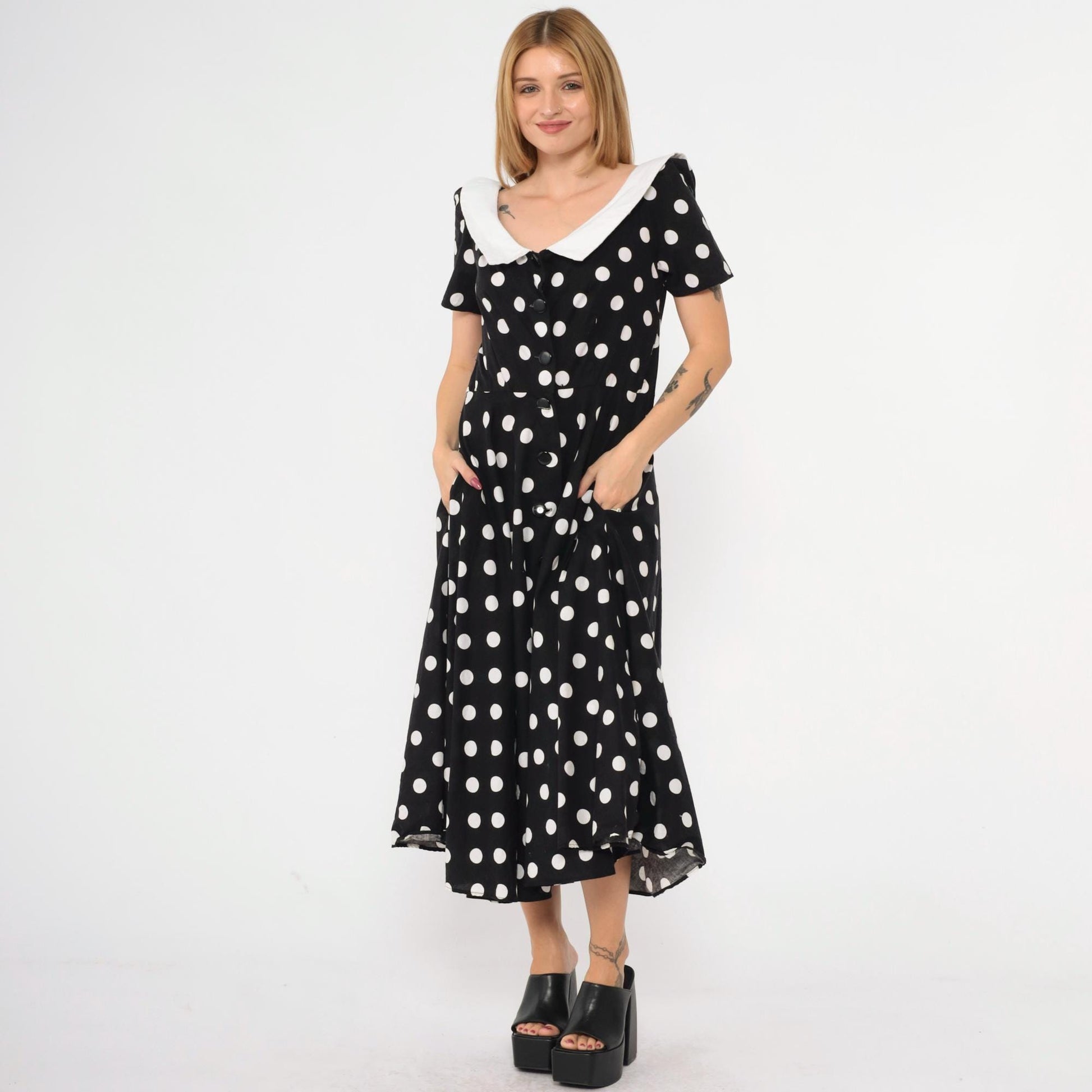 80s Black White Polka Dot Midi Shirtdress High Waist Button Up Cotton Medium