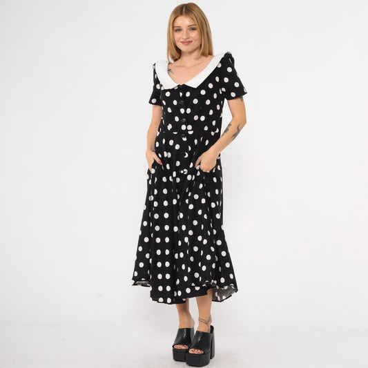 80s Black White Polka Dot Midi Shirtdress High Waist Button Up Cotton Medium