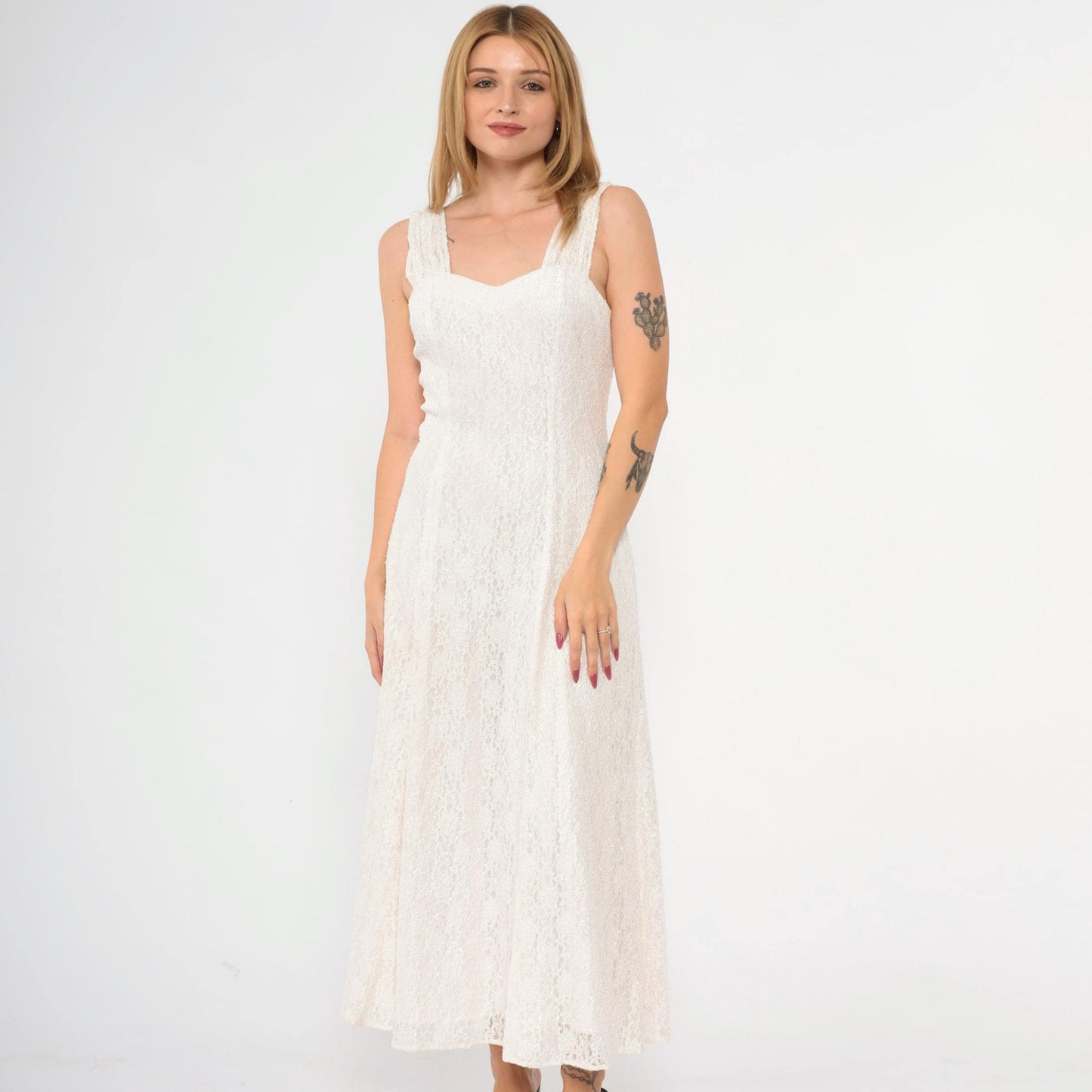 90s White Lace Maxi Dress Sweetheart Neckline Ankle Length Small