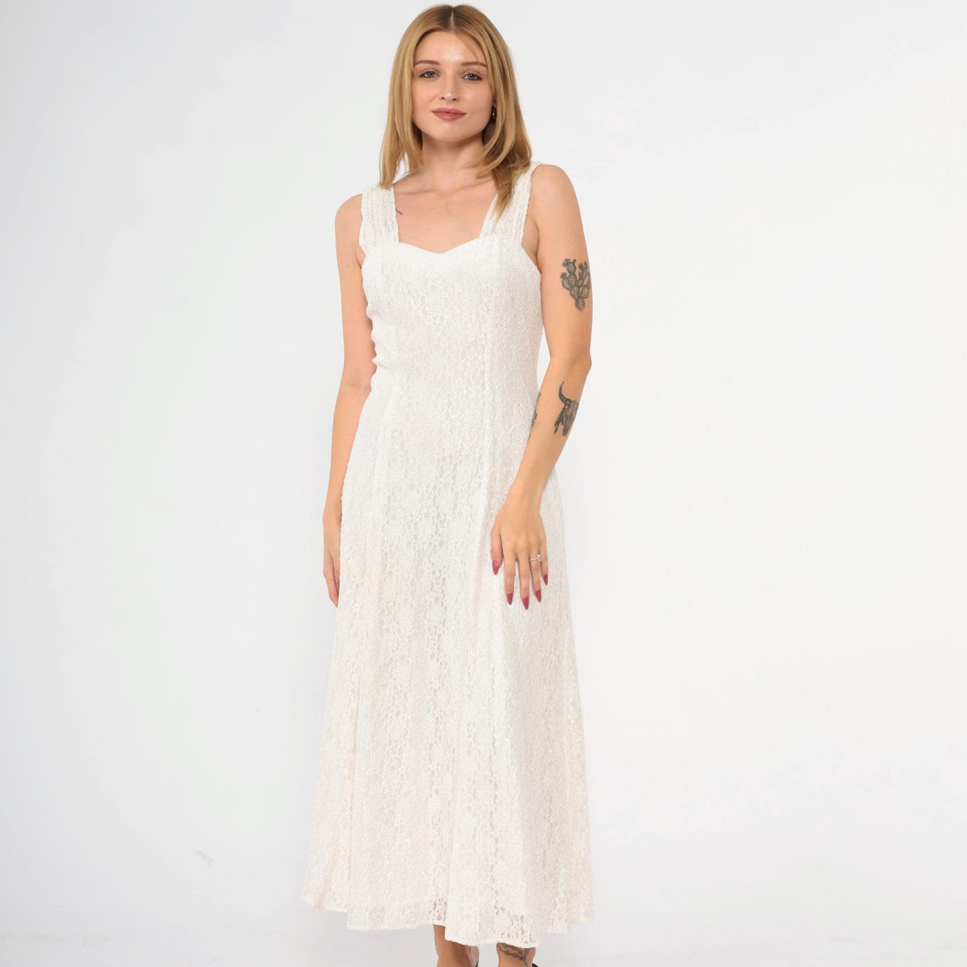 90s White Lace Maxi Dress Sweetheart Neckline Ankle Length Small