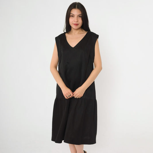 1960s Black Drop Waist Midi Dress Sleeveless V Neck Mod Large