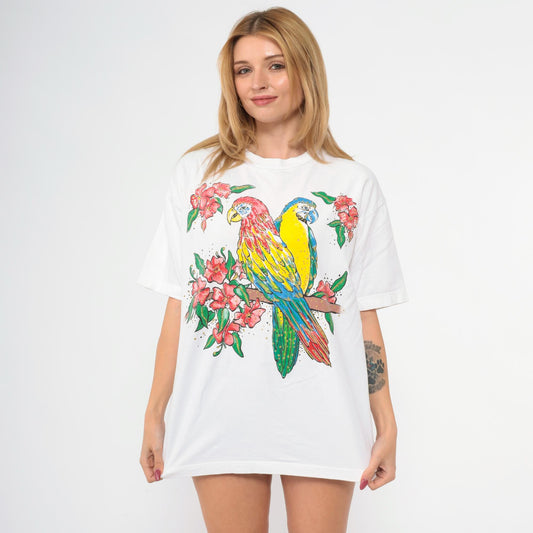 90s Parrot Tropical Graphic T-Shirt White Gold Glitter Bird Print Medium Large