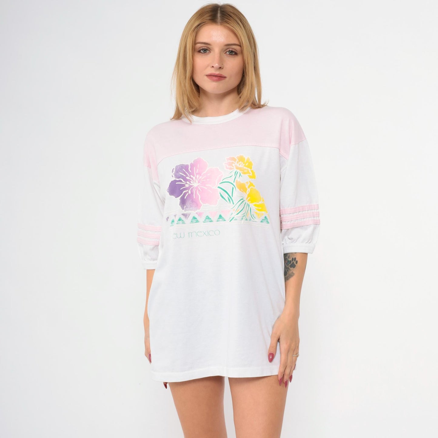 80s New Mexico Floral Ringer T-Shirt Baby Pink White Striped Graphic Tee Extra Large