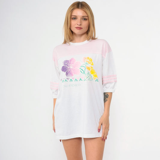 80s New Mexico Floral Ringer T-Shirt Baby Pink White Striped Graphic Tee Extra Large
