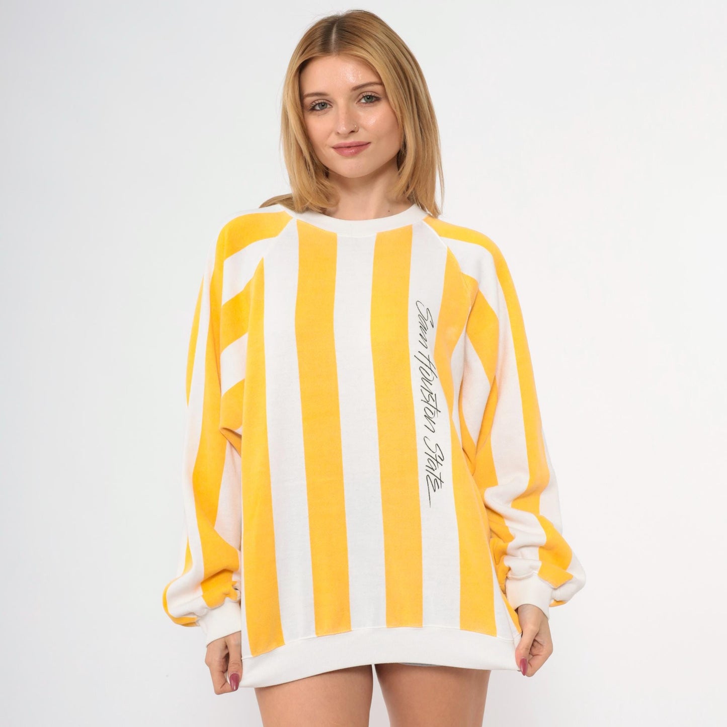 90s Sam Houston State Sweatshirt Yellow White Striped Crewneck Large L
