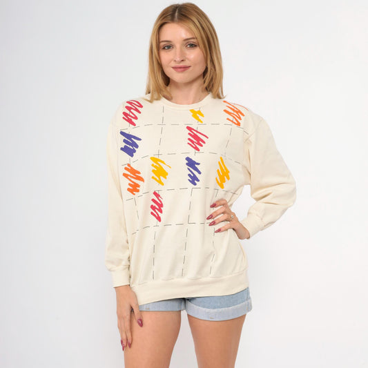 80s Brushstroke Sweatshirt Cream Rainbow Graphic Crewneck Medium