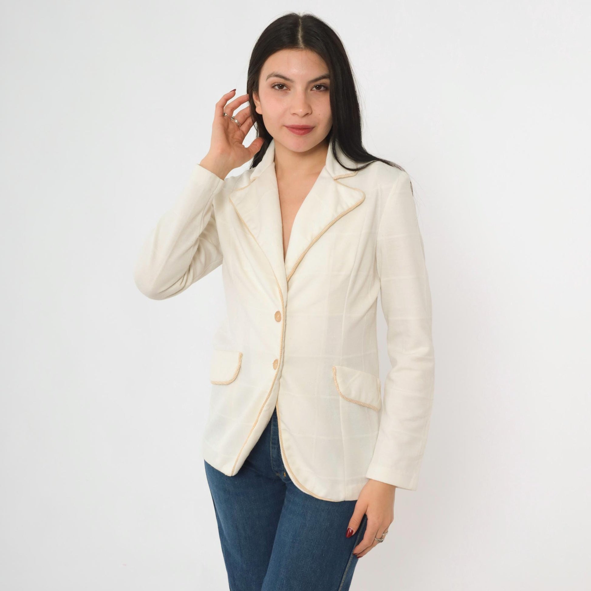 70s White Checkered Blazer Jacket Notched Collar Tan Trim Small