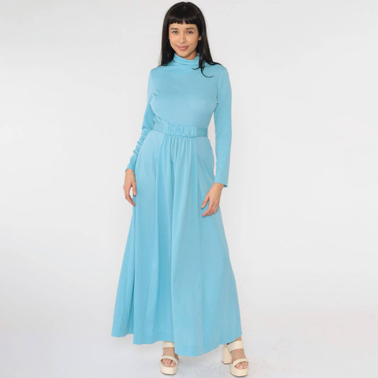70s Light Blue Maxi Dress Draped A-Line Mock Neck Rhinestone Belt Small