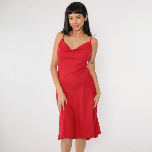Y2K Red Cowl Neck Midi Dress Spaghetti Strap Fit Flare 00s Medium
