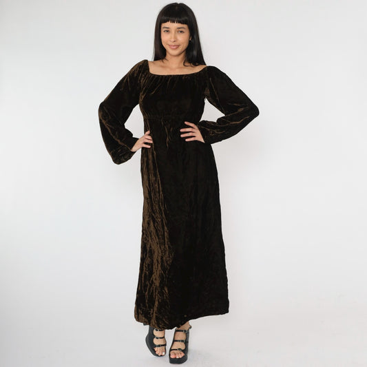 Y2K Brown Velvet Maxi Dress Empire Waist Wide Sleeve Small S