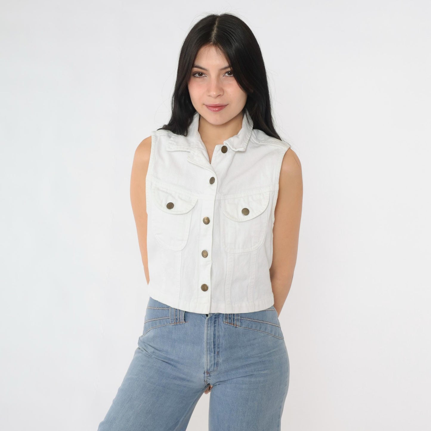 90s White Corduroy Vest Cropped Button-Up Utility Pockets Small