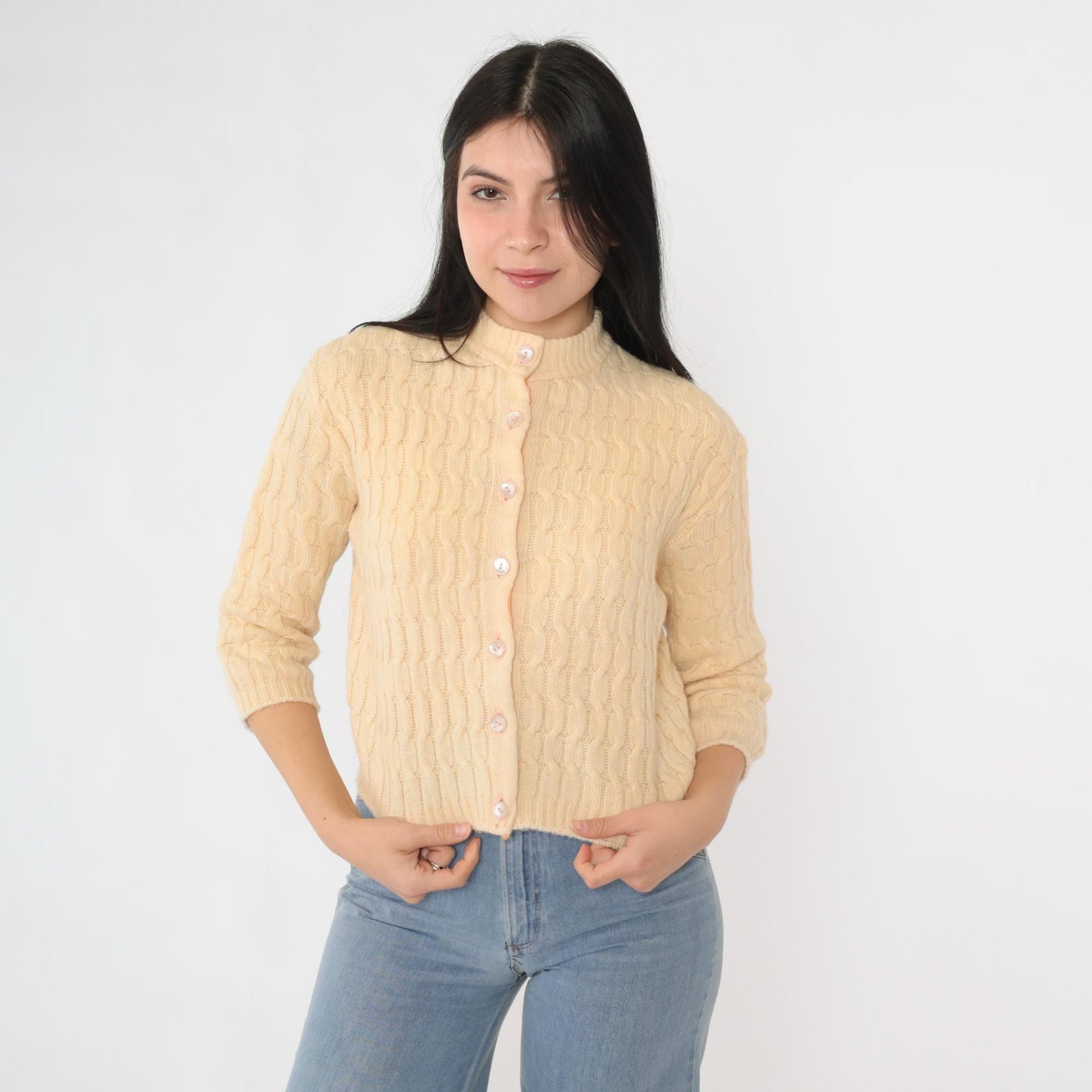60s Cream Cable Knit Cardigan Cropped Wool Blend Button Up 3/4 Sleeve Extra Small