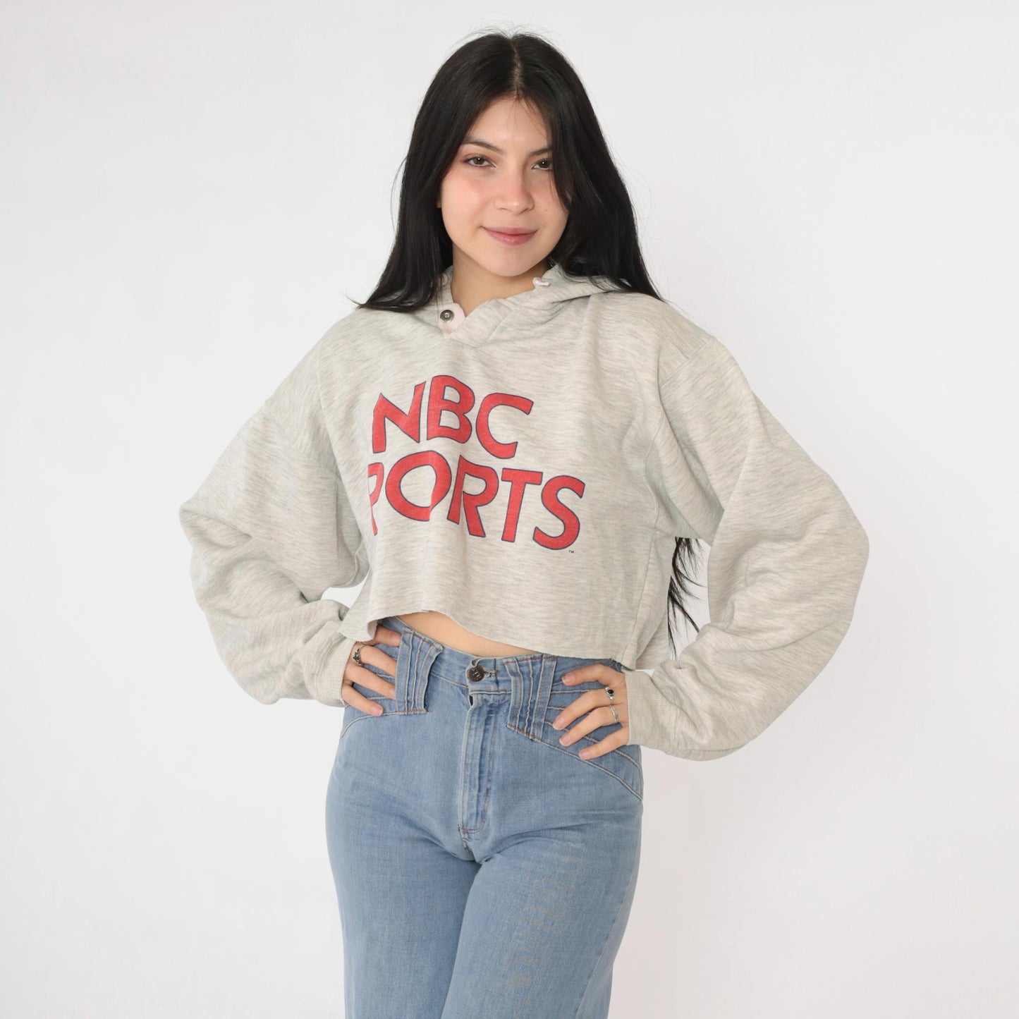 90s NBC Sports Cropped Hoodie Heather Gray Graphic Pullover Extra Large XL