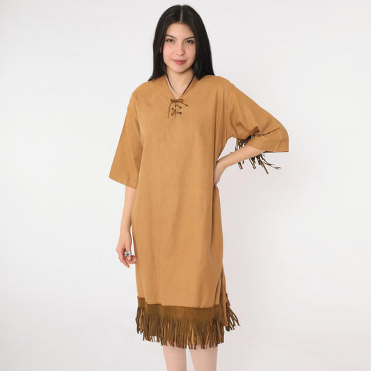 70s Tan Suede Fringe Tunic Dress Lace-Up Neckline Knee Length Medium M