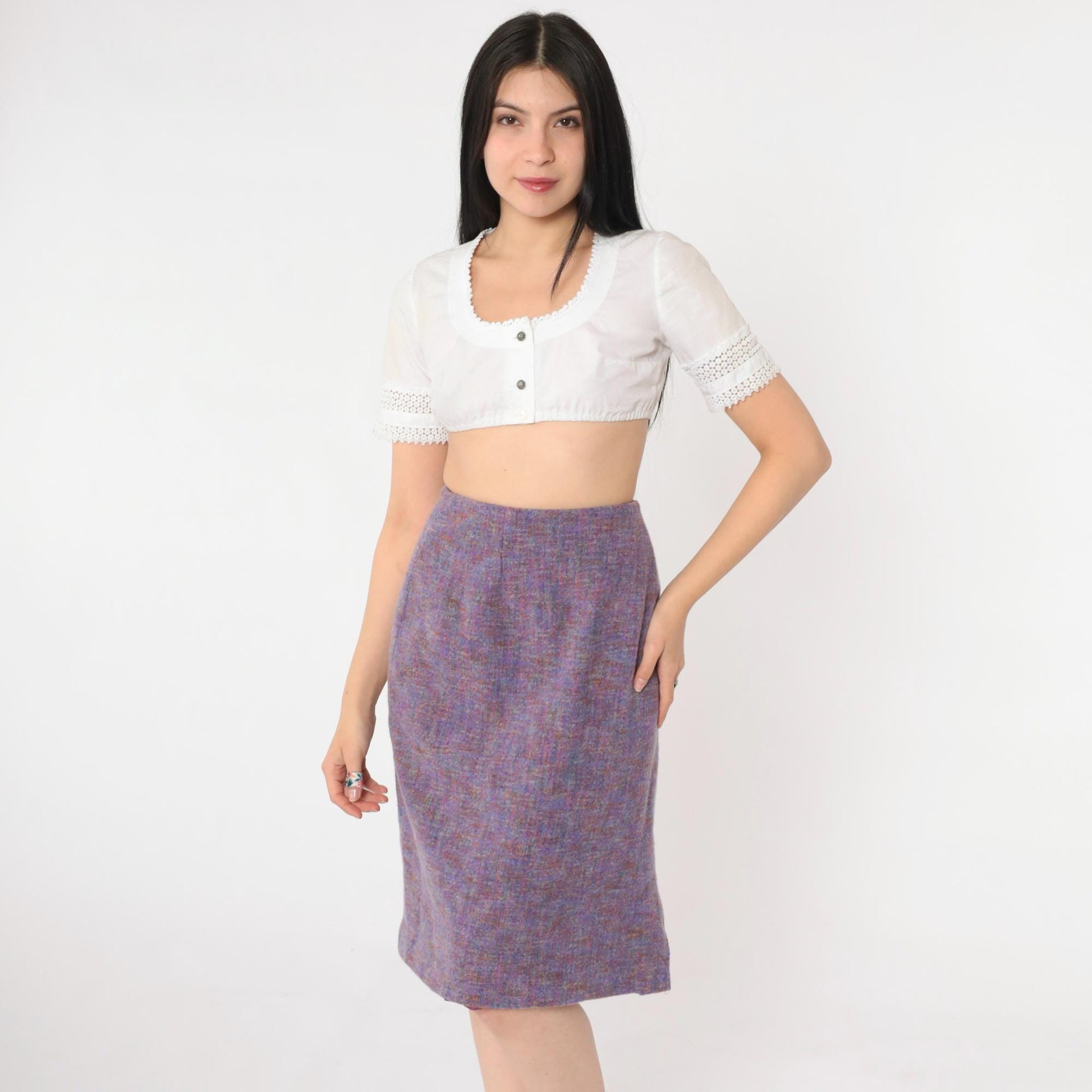 90s Worth Wool Tweed Pencil Skirt Purple High-Waist Knee-Length Small